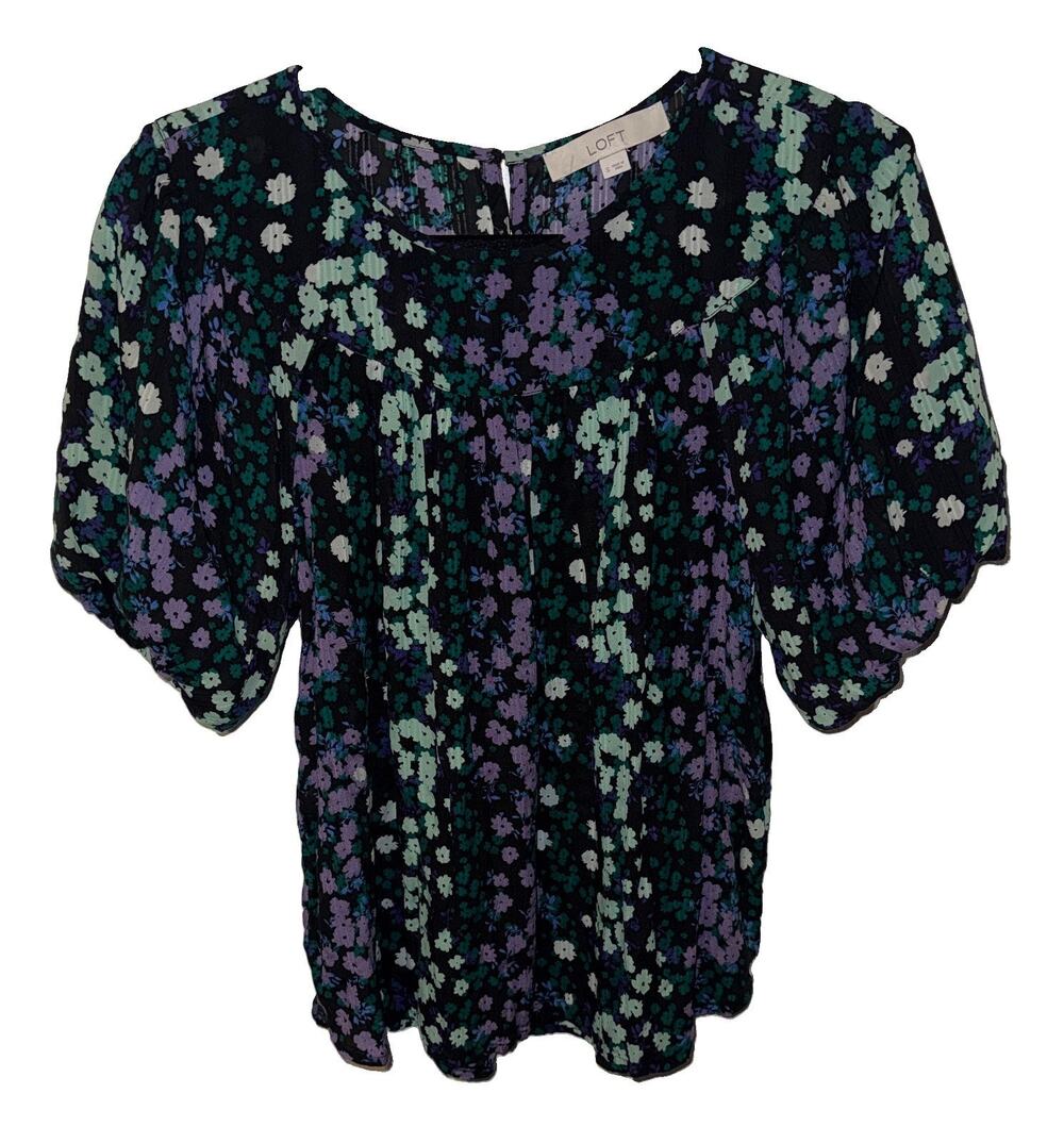Loft Black Colorful Floral Puff Sleeve Blouse Sz. Small EUC